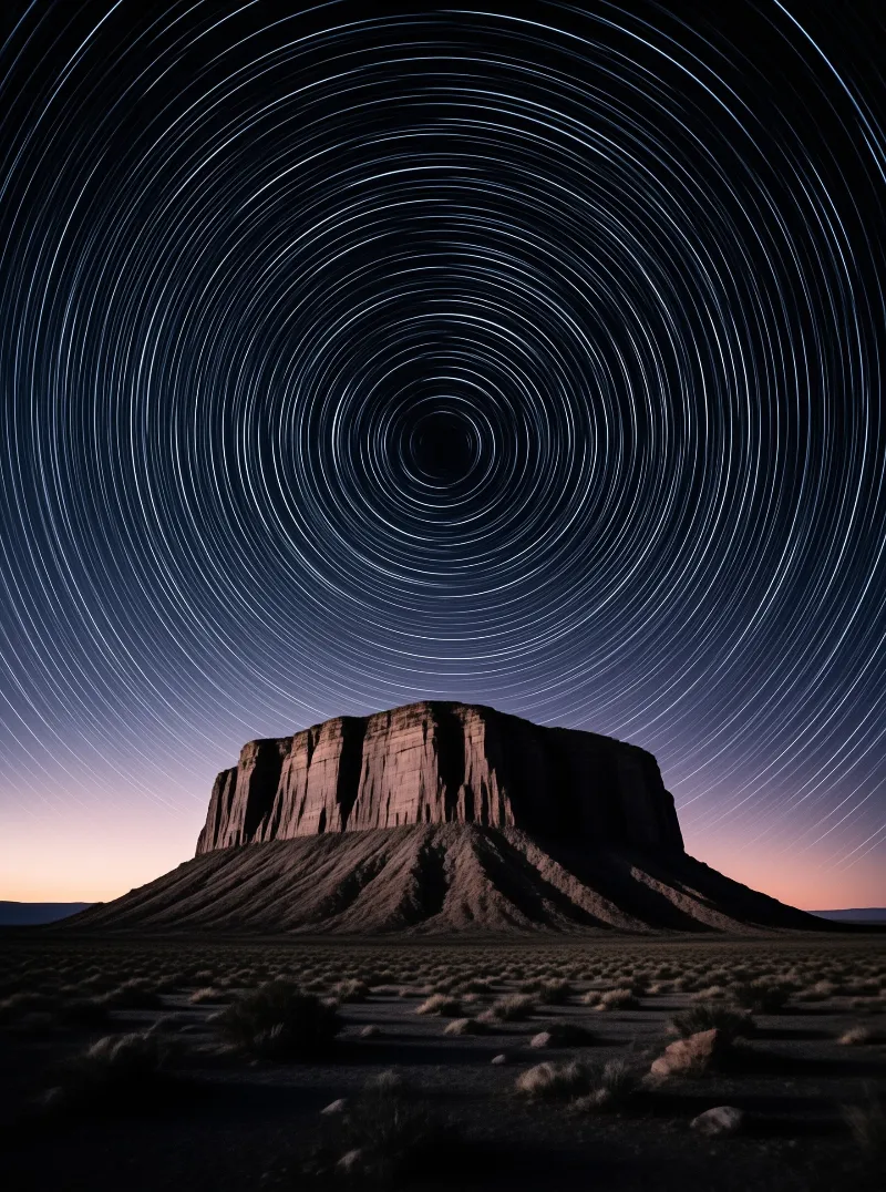 A dark desert mesa rises against a sky filled with concentric star trails and a fading twilight horizon.