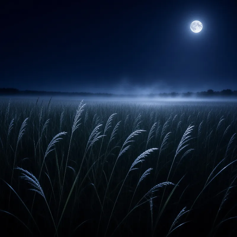 Dense grass silhouettes against a misty horizon under a bright lunar glow.