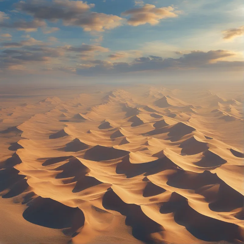 Aerial view of endless sand dunes with ripples casting sharp shadows beneath a cloudy sky during sunset.
