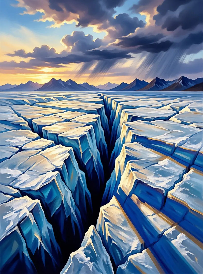 Deep blue cracks traverse a white ice field leading to mountains beneath a sunset sky with sunbeams.