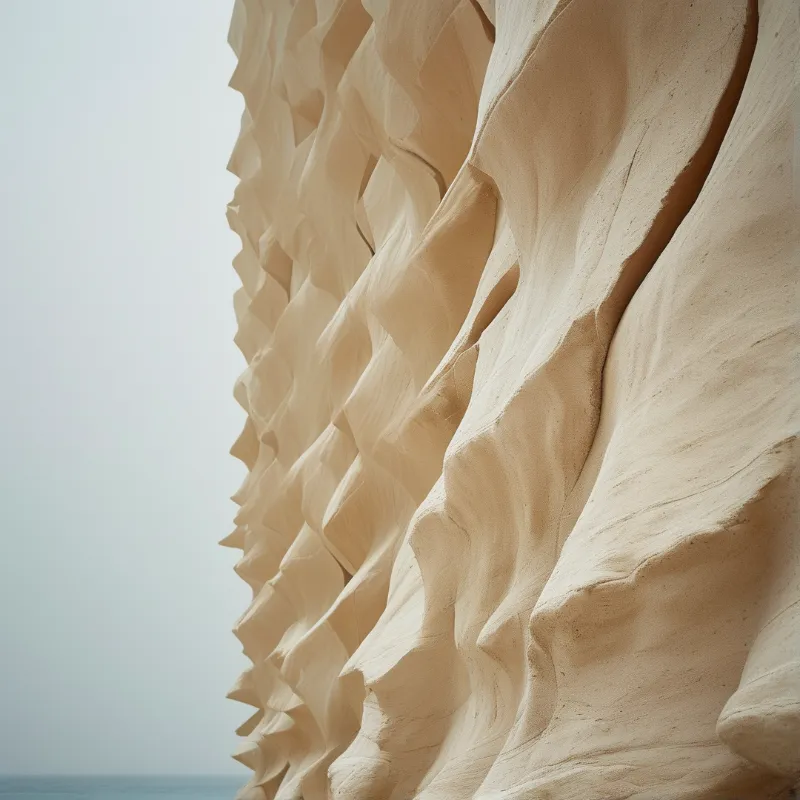 Close view of a pale sandstone cliff carved into layered wavy ridges, set against a hazy sky above a faint sea horizon.