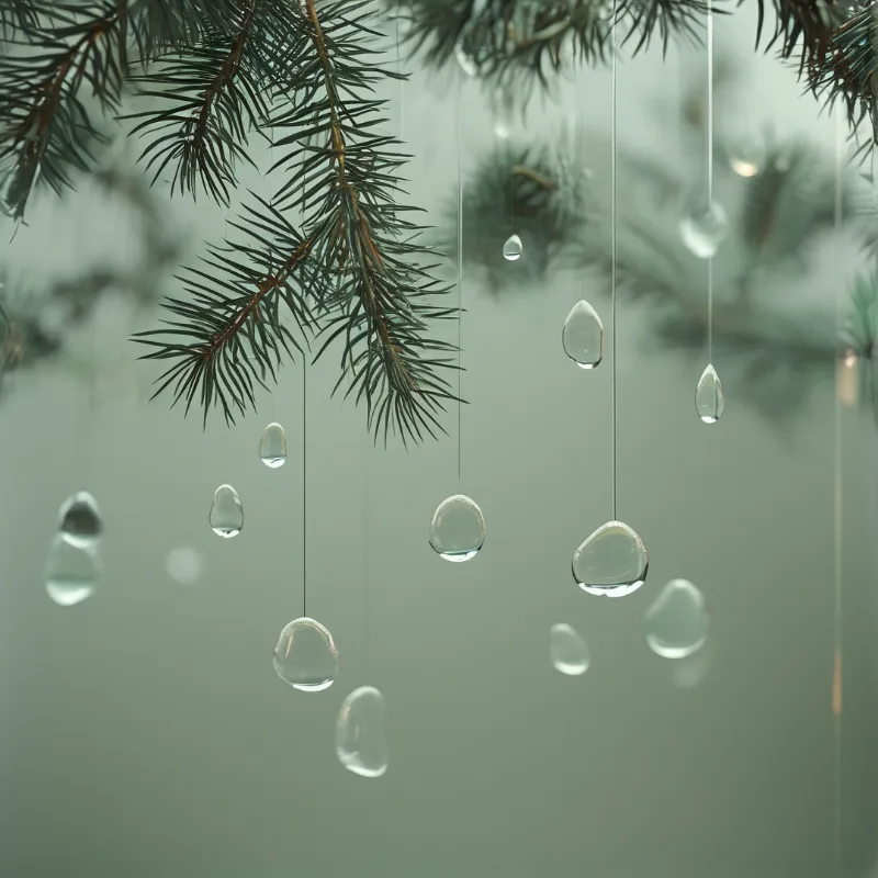 Clear water beads suspend from dark green evergreen branches against a blurred misty background creating a fresh atmosphere.