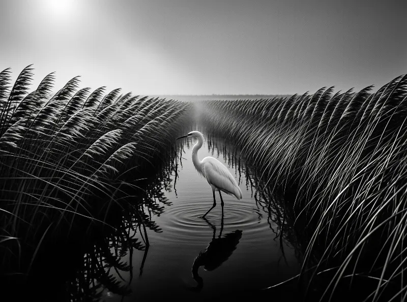 A solitary white egret stands in calm water flanked by dark curving reeds under a soft diffused sky.