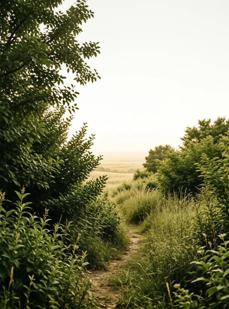A narrow dirt trail winds through lush green bushes and tall grass toward a flat, hazy landscape under soft daylight.