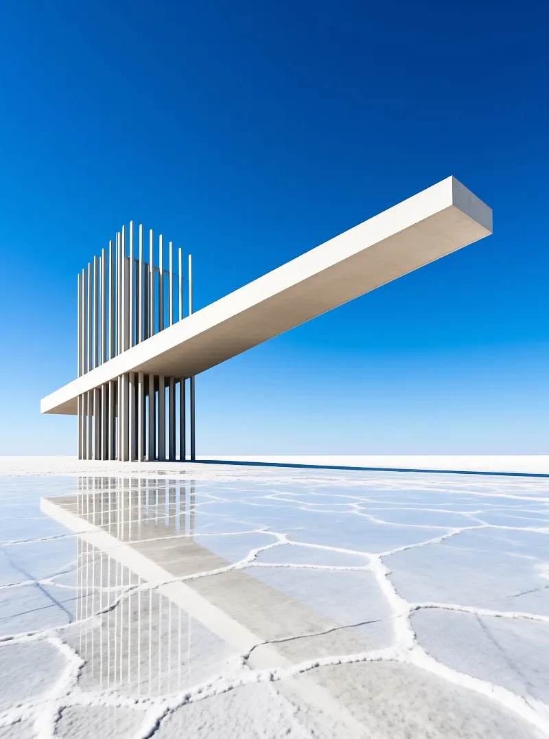 Minimalist concrete structure with vertical columns and a long overhanging slab on a cracked white plain under blue sky.
