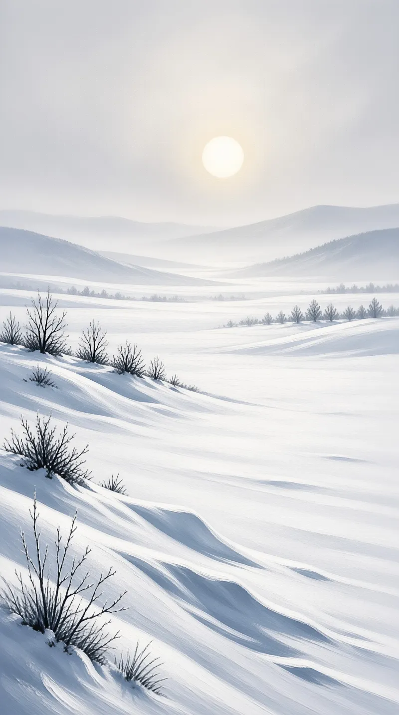 A vast snowy landscape features rolling hills dotted with bare bushes under a bright pale sun in a hazy sky.