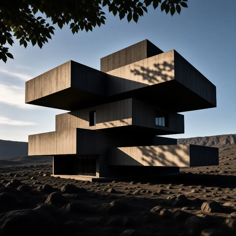 A geometric concrete building rests in a barren rocky landscape with leaf shadows cast across its angular facade.