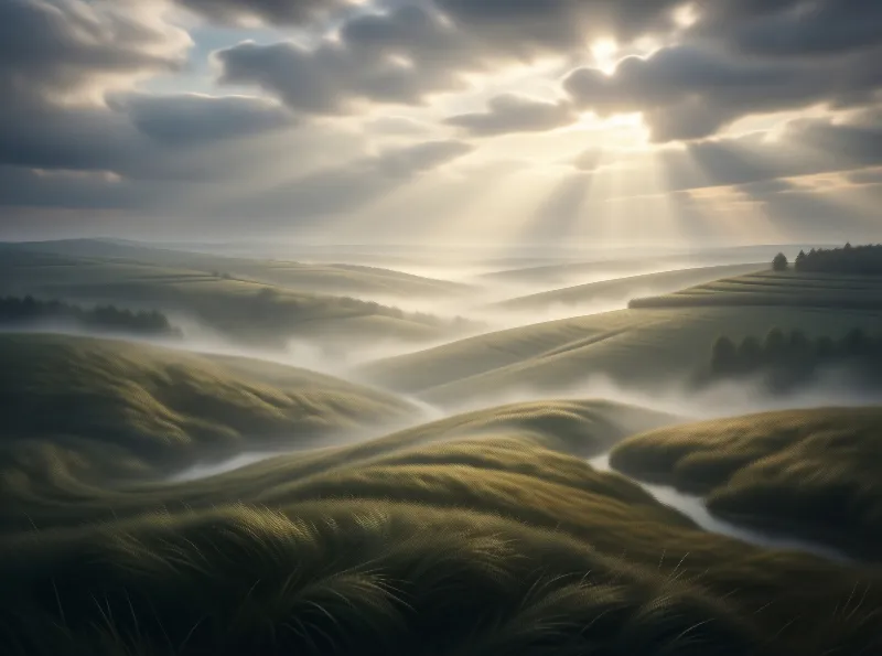 Sunlight Over Misty Hills