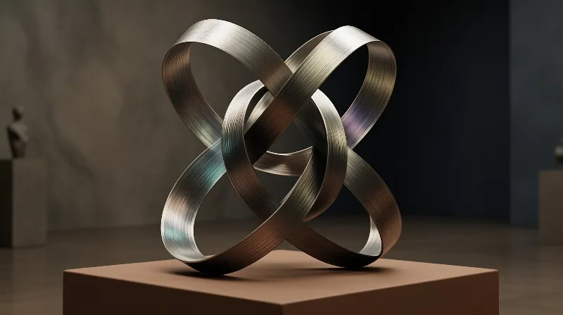 Interlaced metal ribbon sculpture rests on a terracotta gallery pedestal, soft ambient light creates subtle iridescent highlights along its curved brushed surfaces.