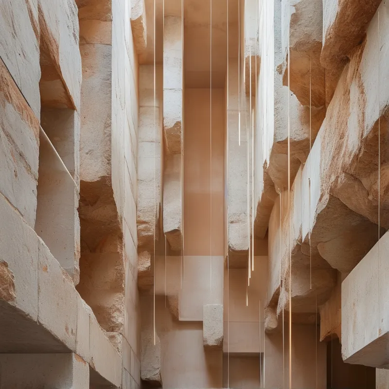 Vertical architectural space filled with rough beige stone walls and thin hanging cables lit by warm light.