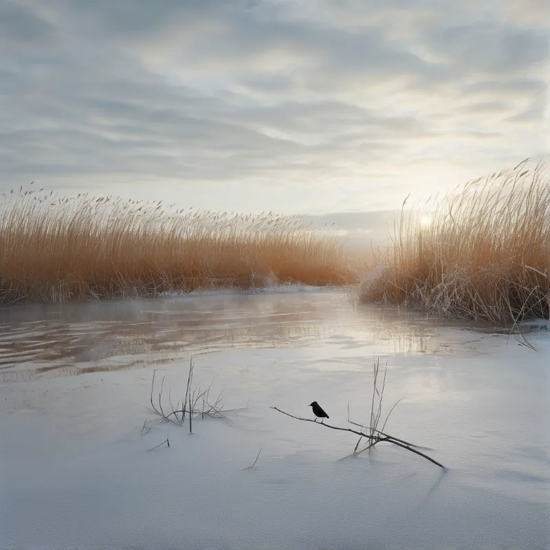A black bird stands on a stick above icy water while tall golden reeds glow in the distance under a cloudy sky.