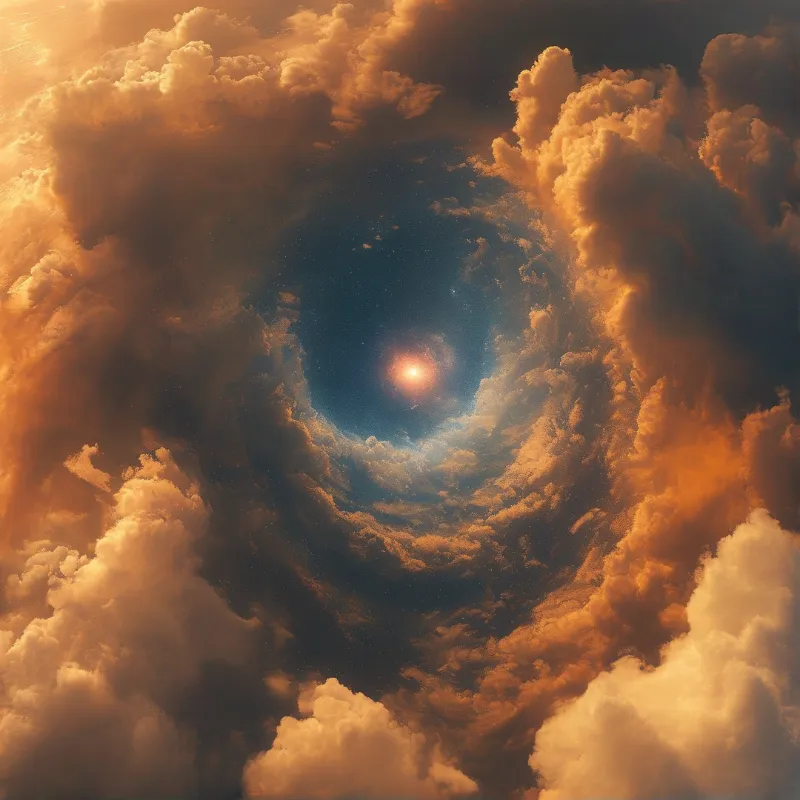 A massive tunnel of orange clouds spirals inward towards a bright glowing light in the dark blue center.