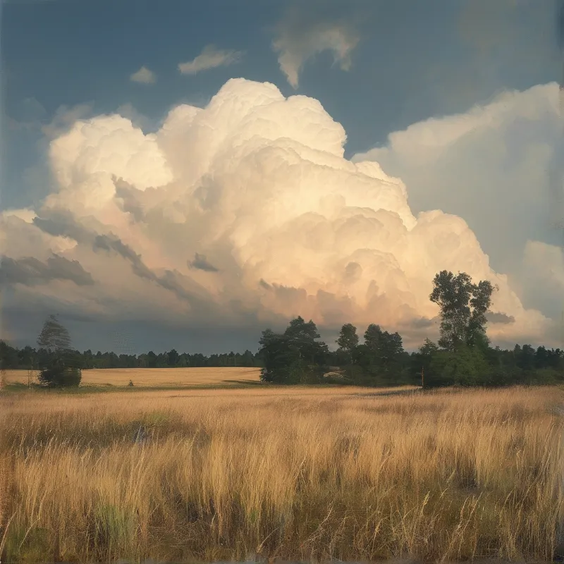 Bright sunlight illuminates a huge cloud formation hovering over a rural grassland and treeline.