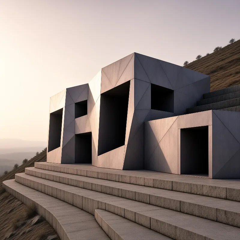 A blocky metal building with dark openings sits atop curved stone steps on a grassy slope under a pale sky