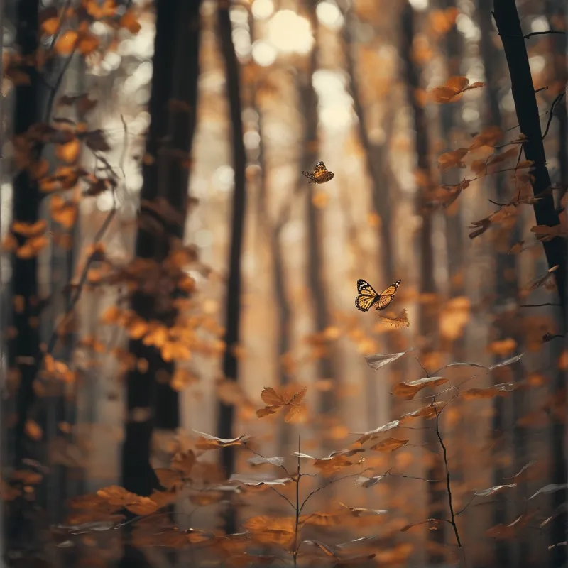 Two orange insects fly amidst a backdrop of blurred trees and falling foliage illuminated by warm light.