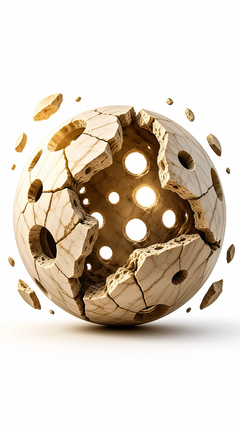 A large beige sphere breaks apart revealing a hollow core with glowing circular holes surrounded by floating fragments.