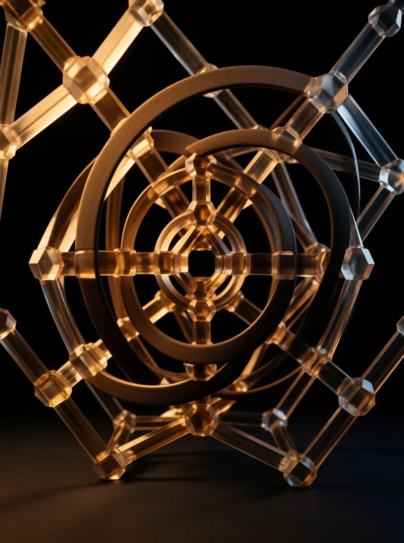 Intricate geometric sculpture with translucent amber rods and dark bronze rings illuminated against a black background.
