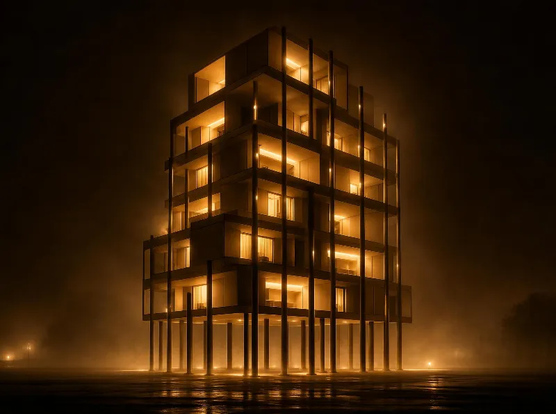 A modern tower supported by columns glows with warm light during nighttime, surrounded by fog and reflecting on wet ground.