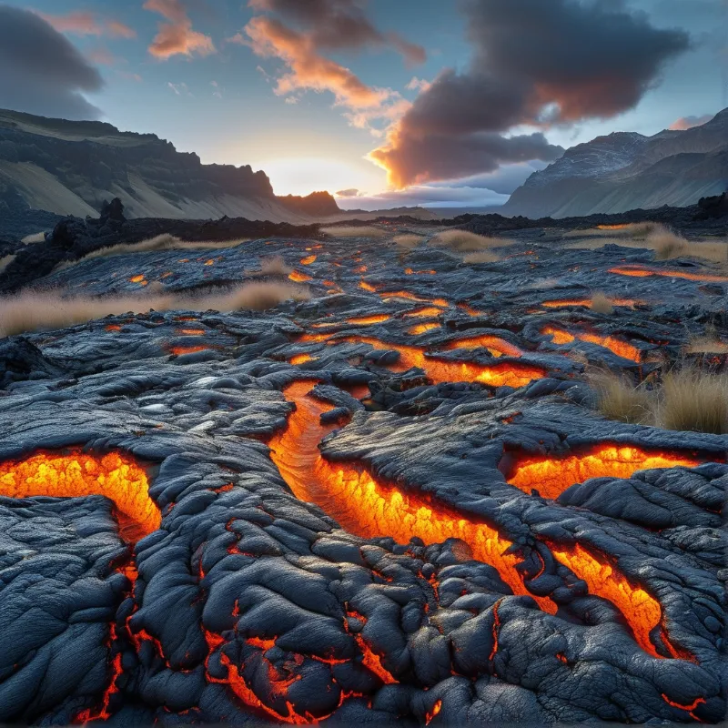 Volcanic Lava Flow at Dusk