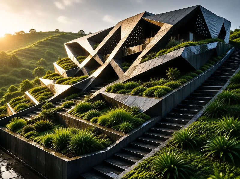Faceted dark steel roof planes step down a hillside planted with tufts of bright green grass.