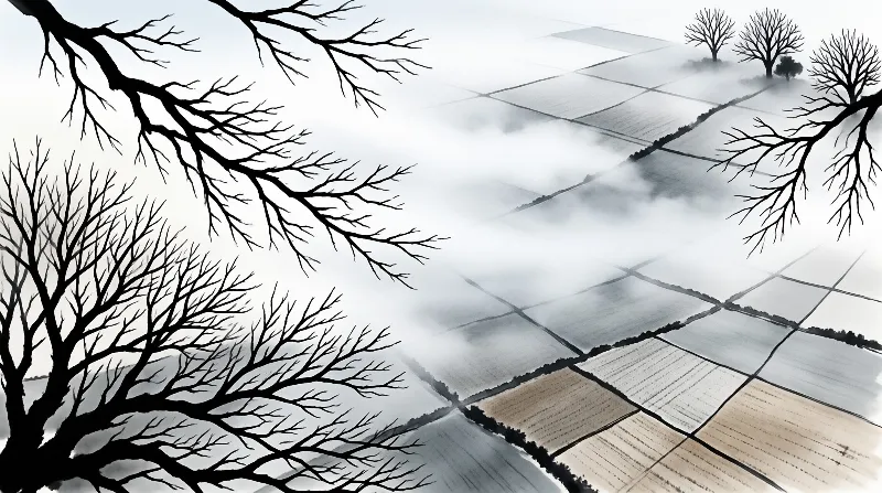 Silhouetted bare branches frame a landscape of foggy patchwork farm fields receding into white mist.