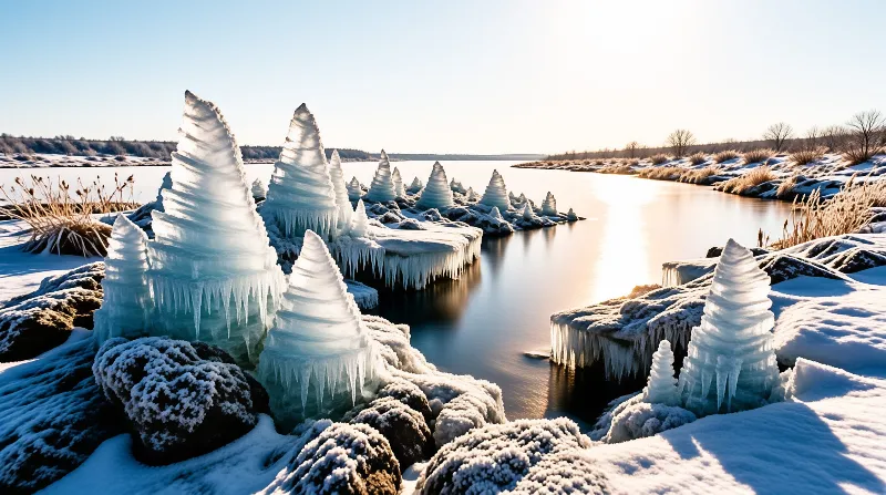 Towering spiral ice formations rise from the snowy riverbank as low winter sunlight reflects across the water.