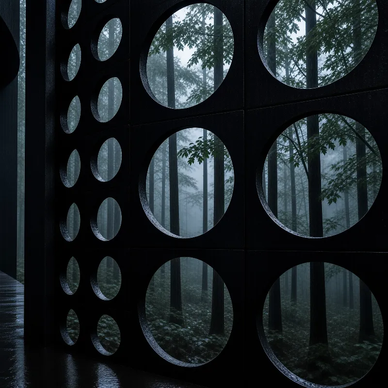 A dark textured wall with circular cutouts looks out onto a foggy forest with tall trees.