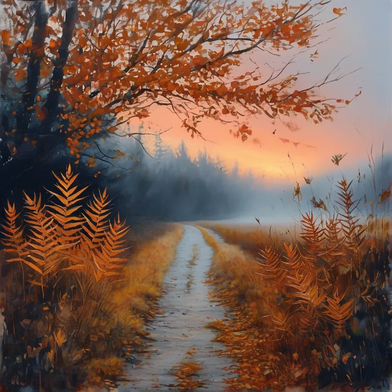 An oil painting shows a dirt track winding through golden ferns and red leaves towards a foggy treeline under a soft orange dawn sky.