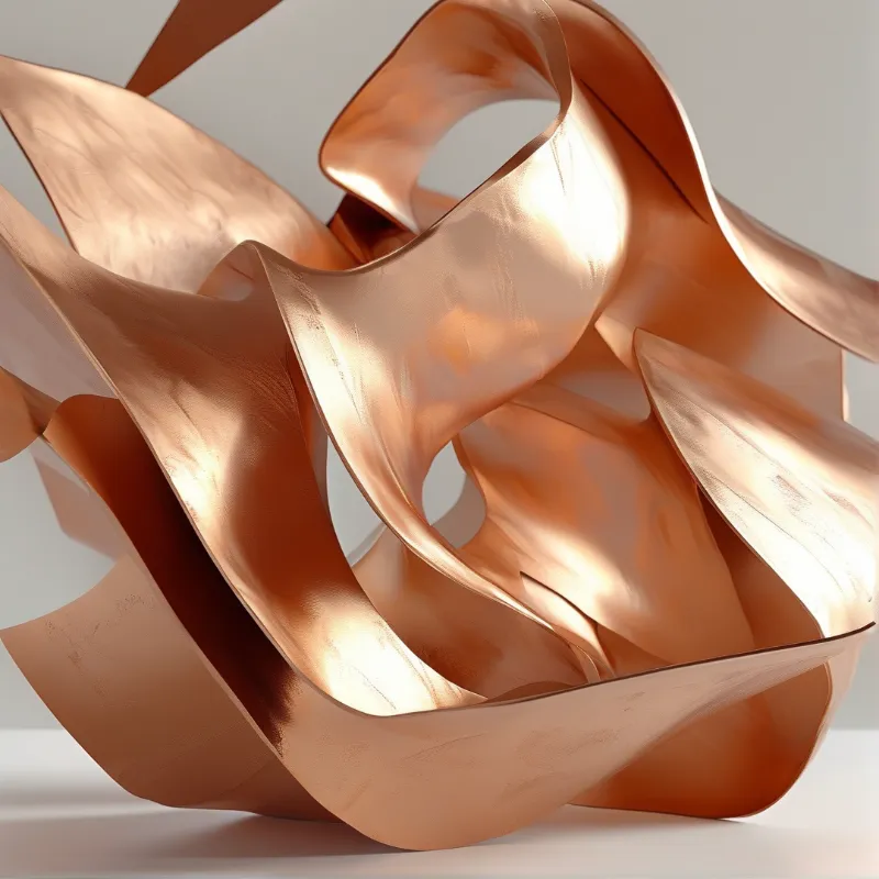 Abstract metallic structure with flowing curves and warm copper tones set against a plain neutral background with soft lighting.