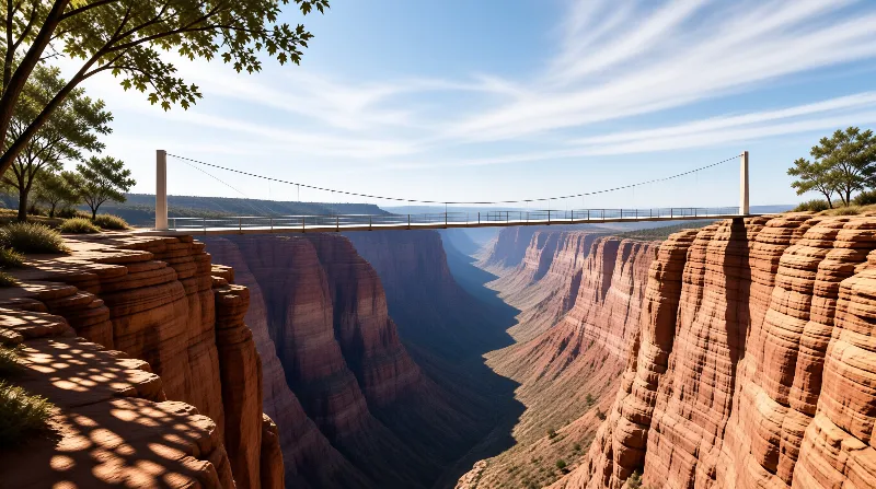 White bridge crossing a vast canyon with layered red rock walls and green trees on the rim under a bright blue sky.