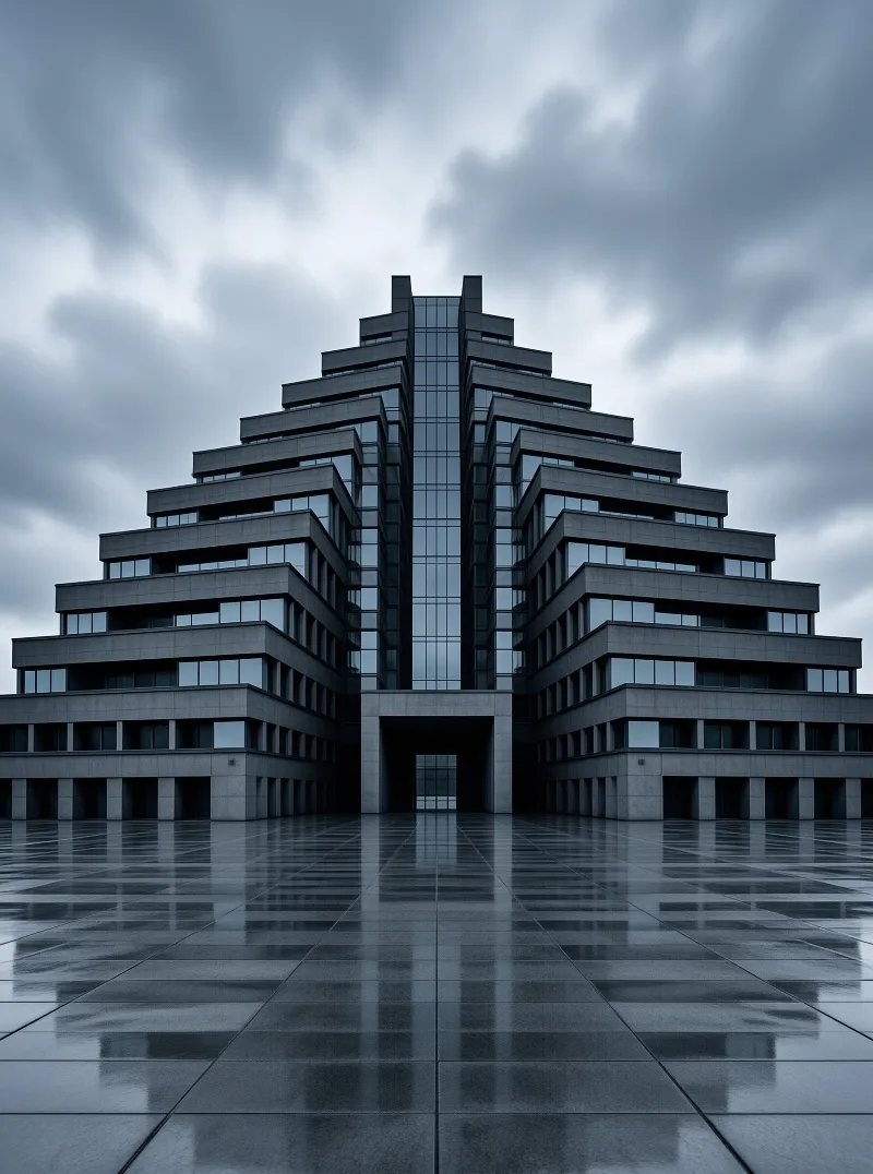 A symmetrical tiered building with a glass spine rises over a rain-soaked plaza beneath a brooding grey sky.
