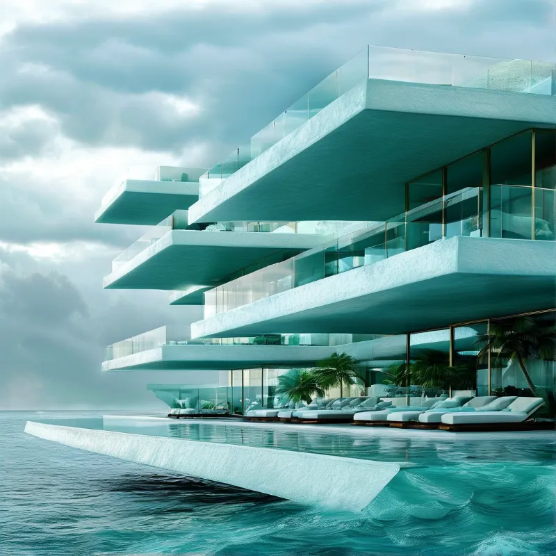 Stacked concrete balconies with glass rails reach out above an infinity pool, palm trees and a heavy grey sky.