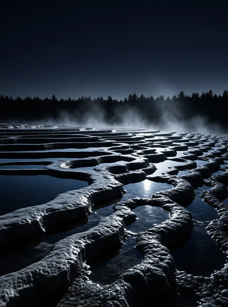 Layered rock formations filled with water reflect light while steam rises against a dark forest background.