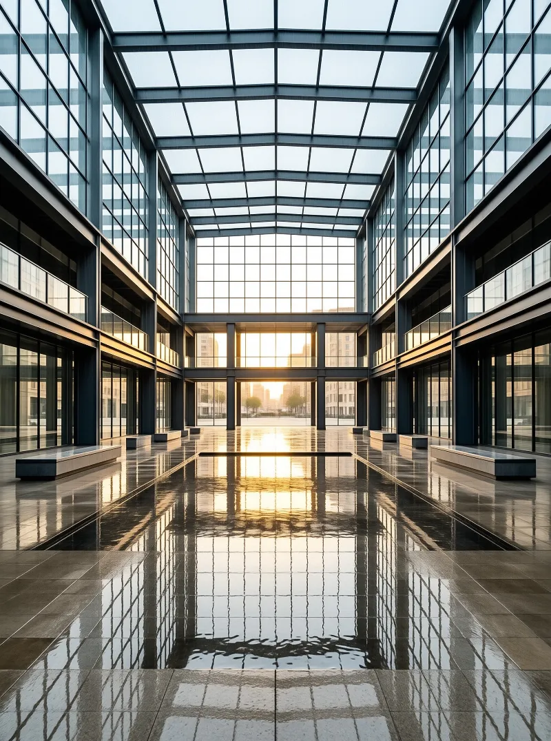 A sunlit glass atrium mirrors a low setting sun across its polished wet floor and steel frame.