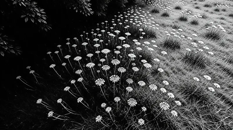 Delicate blooms rise from a black and white meadow where dark shadows contrast with bright petals.