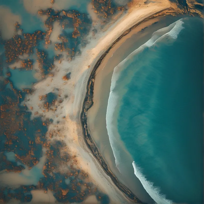 Seen from directly above, a pale sandbar arcs between rust colored tundra pools and a deep teal sea edged with foam.