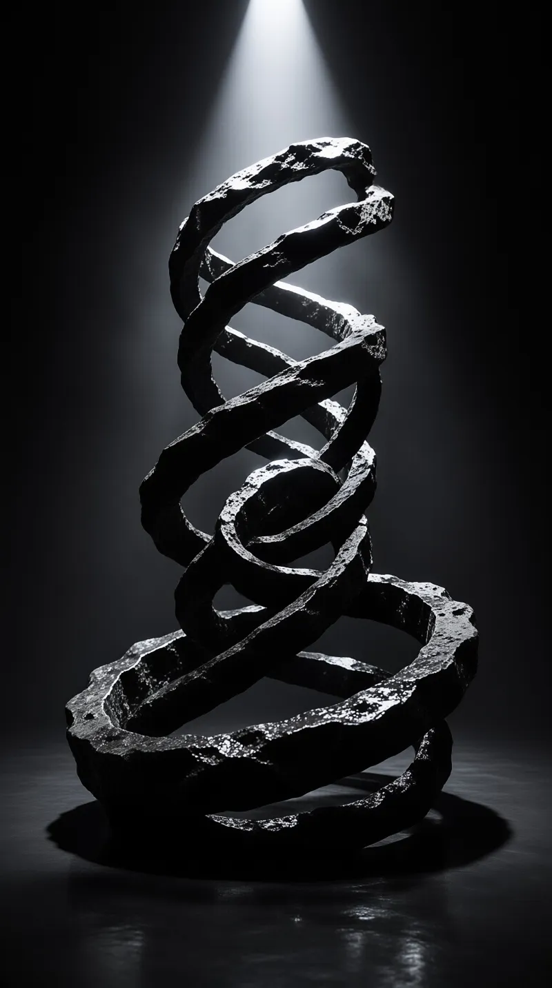 A rough twisted sculpture stands in darkness illuminated by a single overhead beam of light creating high contrast shadows.