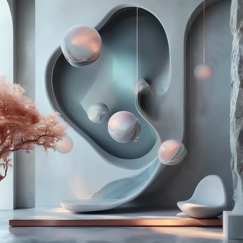 Pale iridescent orbs float inside a smooth blue alcove beside pink branches and minimalist seating in soft daylight