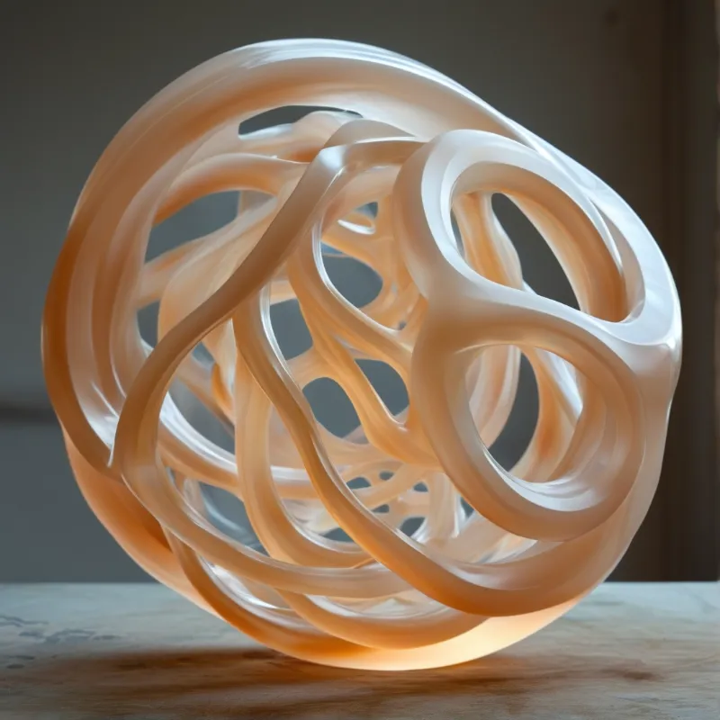 A beige knot sculpture rests on wood, featuring smooth curves and soft lighting on its glossy, translucent surface.