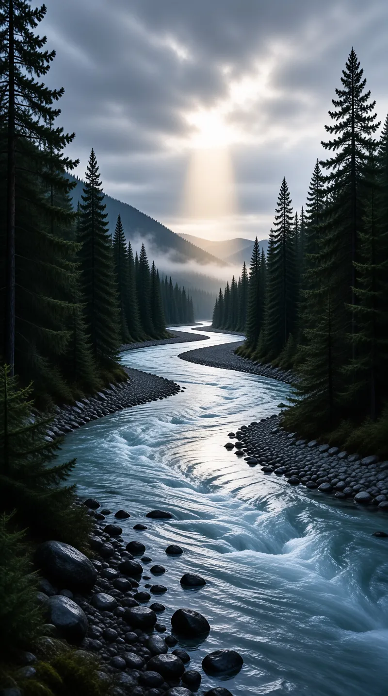 Turquoise river winds through dense coniferous forest, flanked by rocky banks, with sunlight piercing misty mountains.