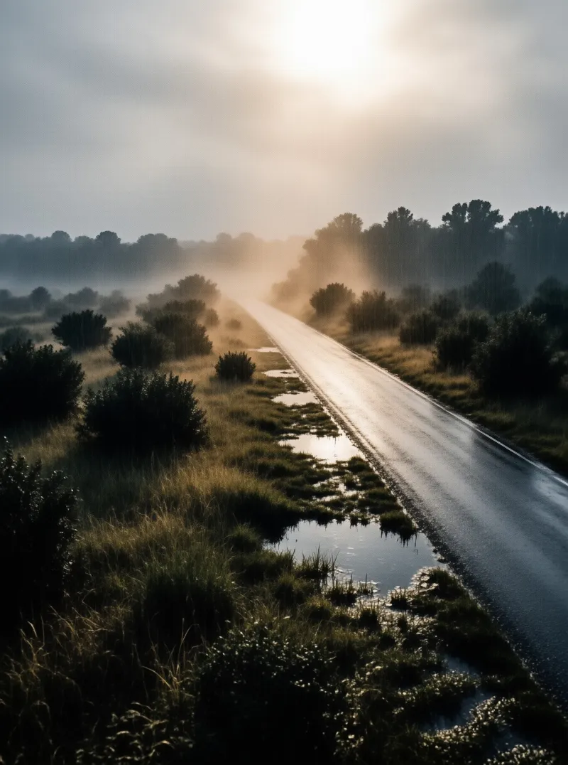 A wet road stretches through marshy grasslands under a bright sun breaking through morning fog.