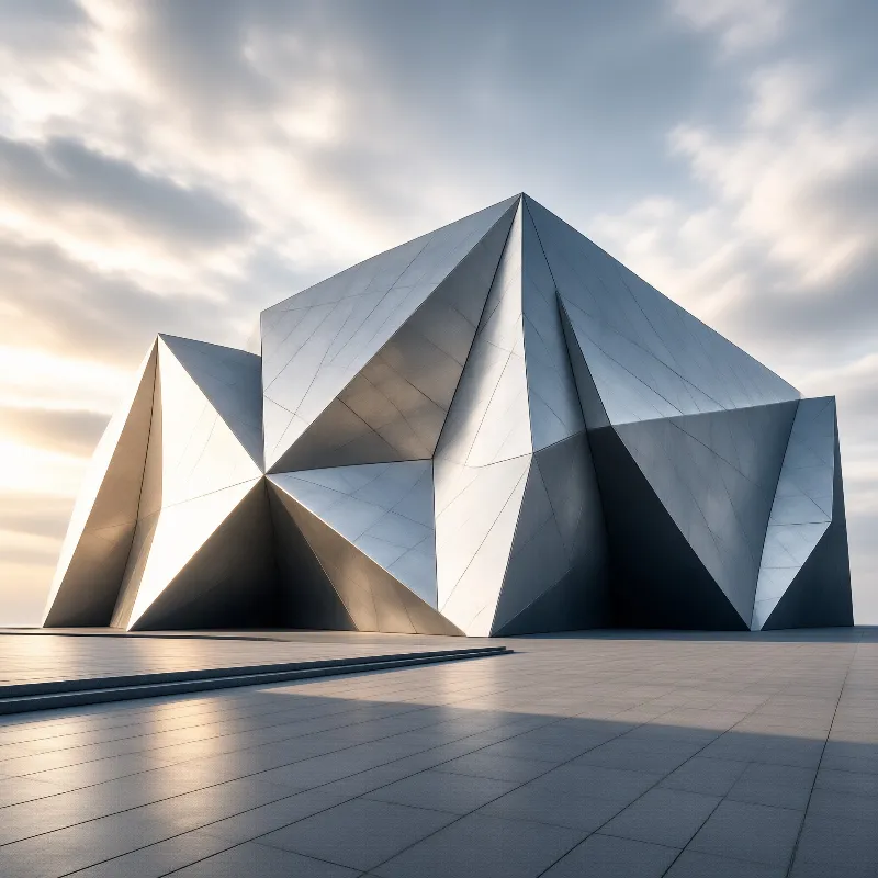Angular building with sharp edges stands on a paved plaza while golden light hits the left side against a cloudy sky.