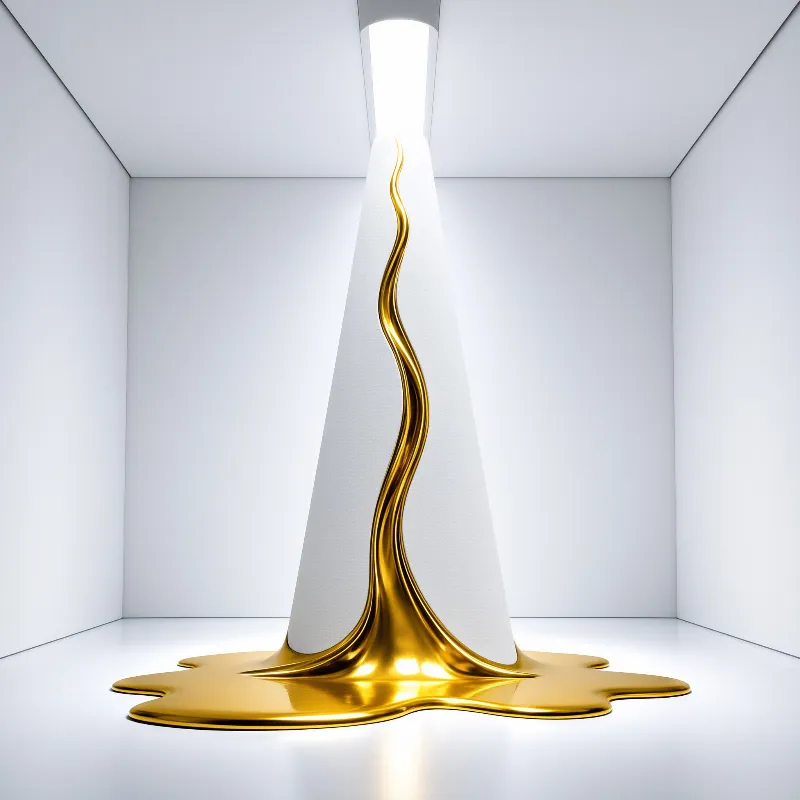 A cone shaped plinth in an empty white room pours a thick stream of gold that pools across the floor
