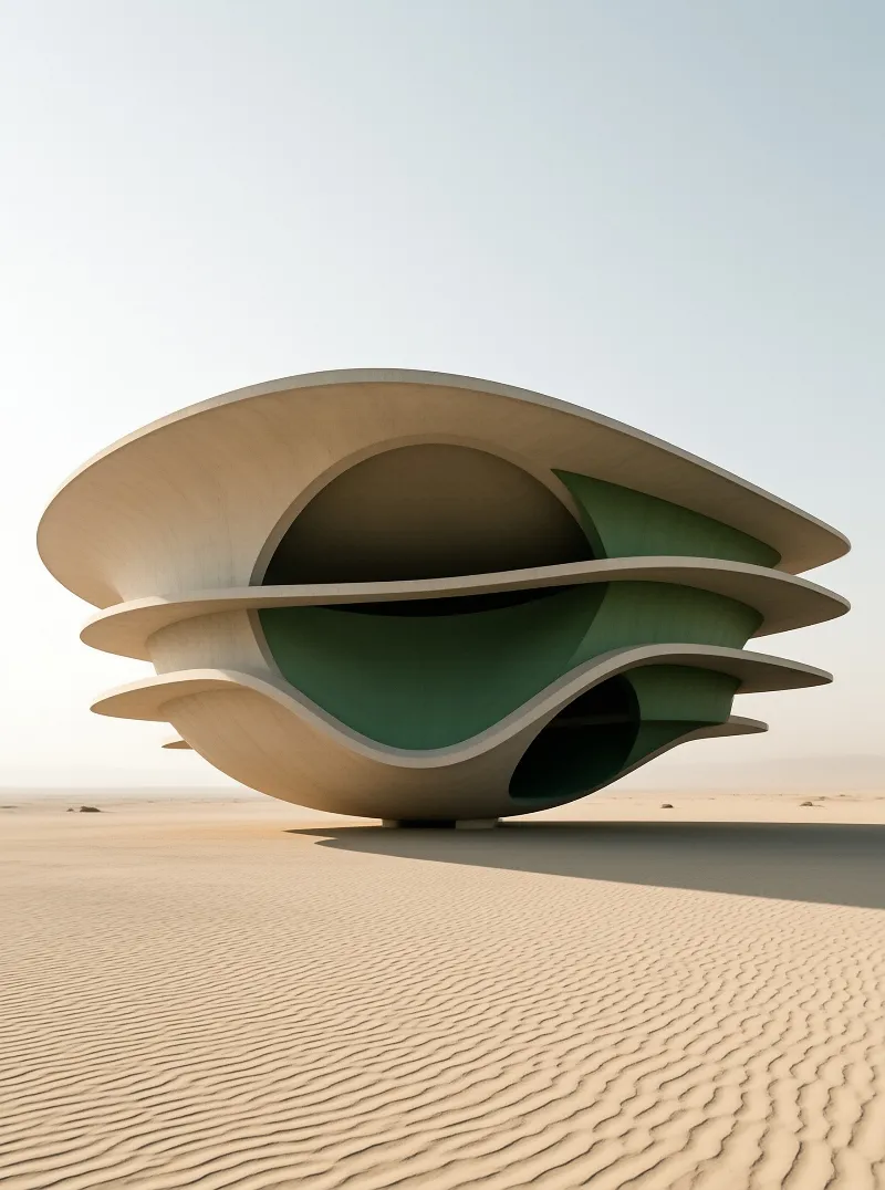 A layered, sculptural building with beige and green curved surfaces stands isolated on rippled desert sand under a clear sky.