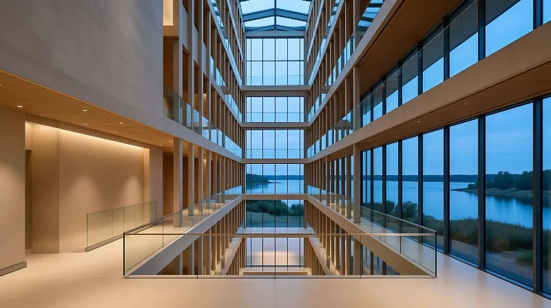 Modern Atrium with Lake View