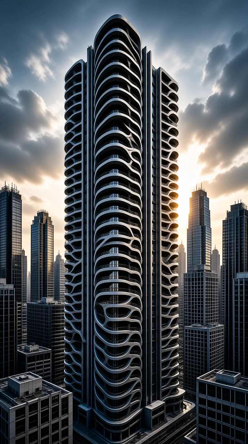 A slender residential tower with rippling balconies rises above a skyline under breaking evening clouds.