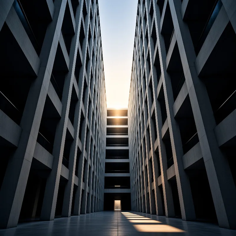 A symmetrical view down a narrow concrete corridor with a bright sun at the far end casting long shadows on the floor