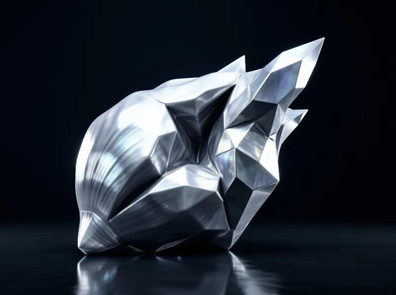 A faceted metallic object rests on a dark reflective surface with bright highlights.