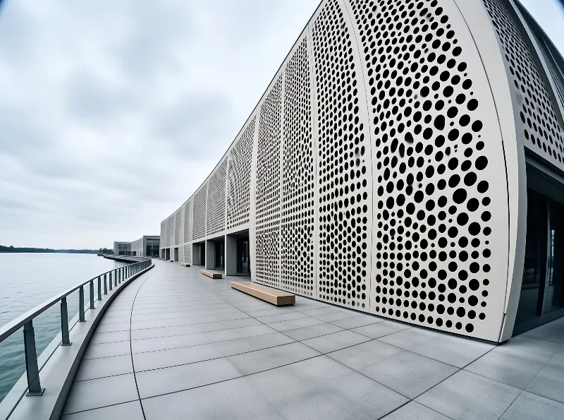 A curved paved lakeside walkway runs adjacent to a perforated metal building exterior beneath soft grey overcast lighting.
