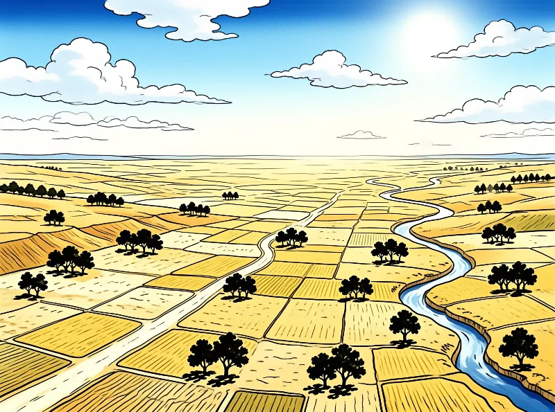 A winding blue river flows through a patchwork of golden fields dotted with dark trees under a bright sunlit sky.